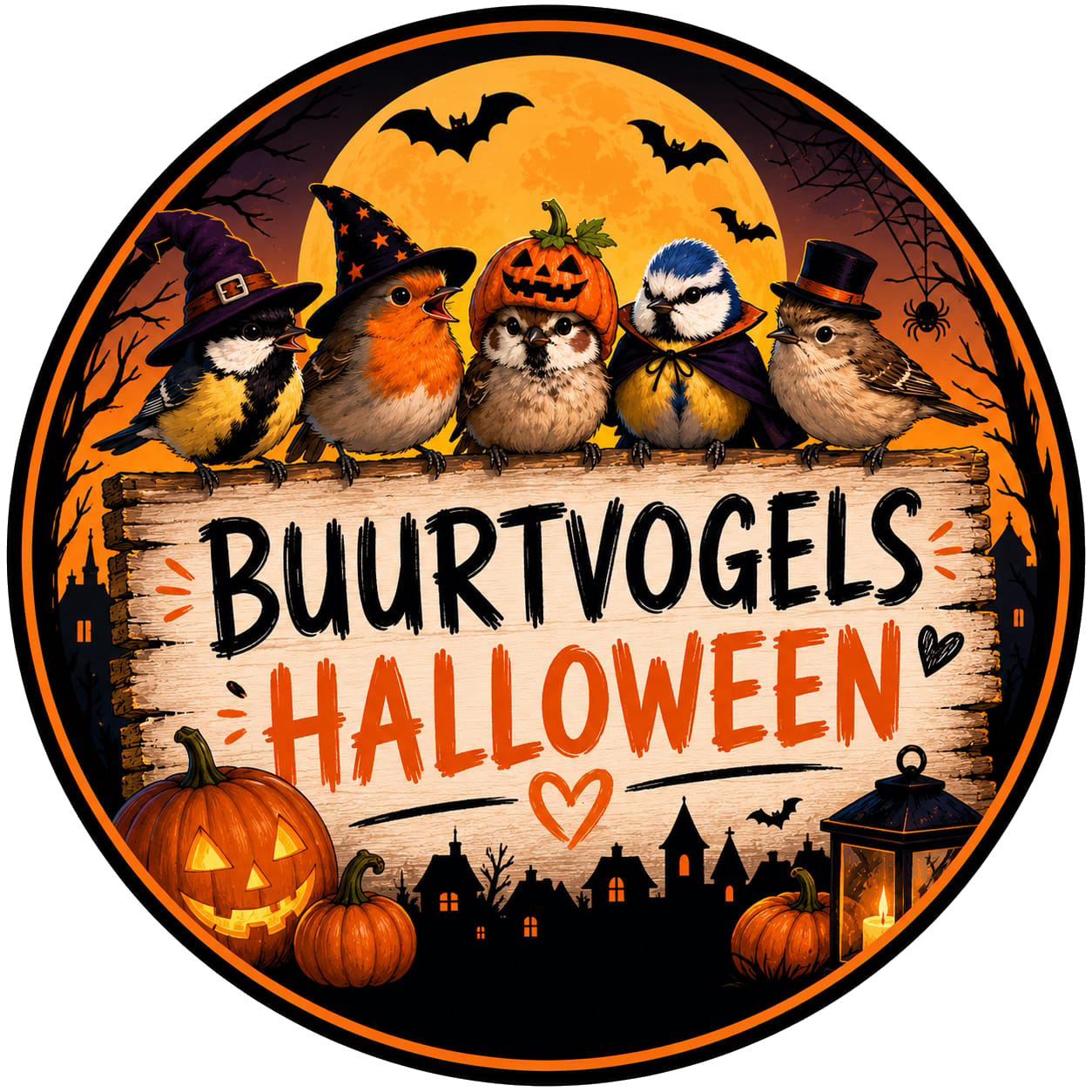 Halloween-logo van de Buurtvogels met vogels, pompoenen en vleermuizen